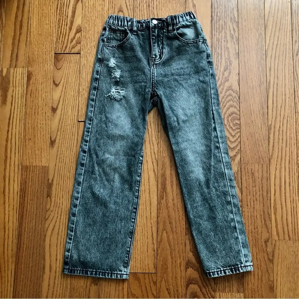 SHEIN Acid-Wash Distressed Wide-Leg Casual Gray Black Jeans Girl’s Size 10
